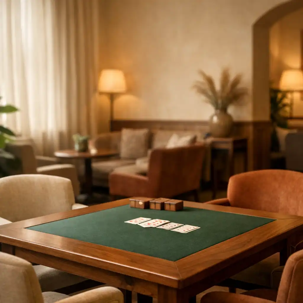Meleg fényű lounge belső tér diófa asztallal és kárpitozott székekkel